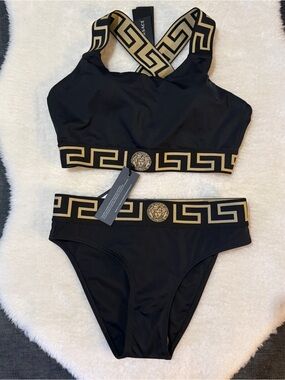 Versace Black & Gold Greek Key Two-Piece Swim Bikini